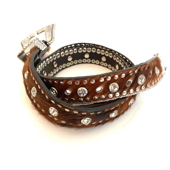 Nocona Brown Leather Calf Hair Belt Rhinestones Studs